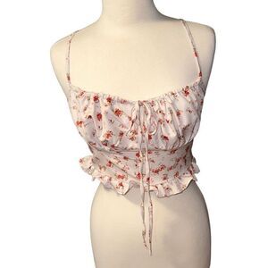 Sz M shirred tube crop tank top with delicate red flowers and adjustable bust